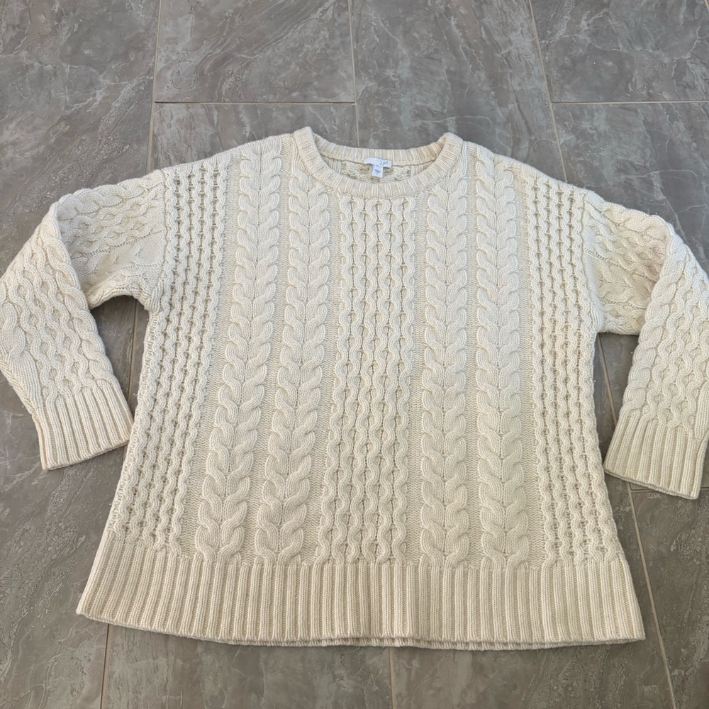 J. Jill Ivory Cream Cable Knit Lambswool Blend Fisherman Sweater Sz L Classic - Picture 7 of 10